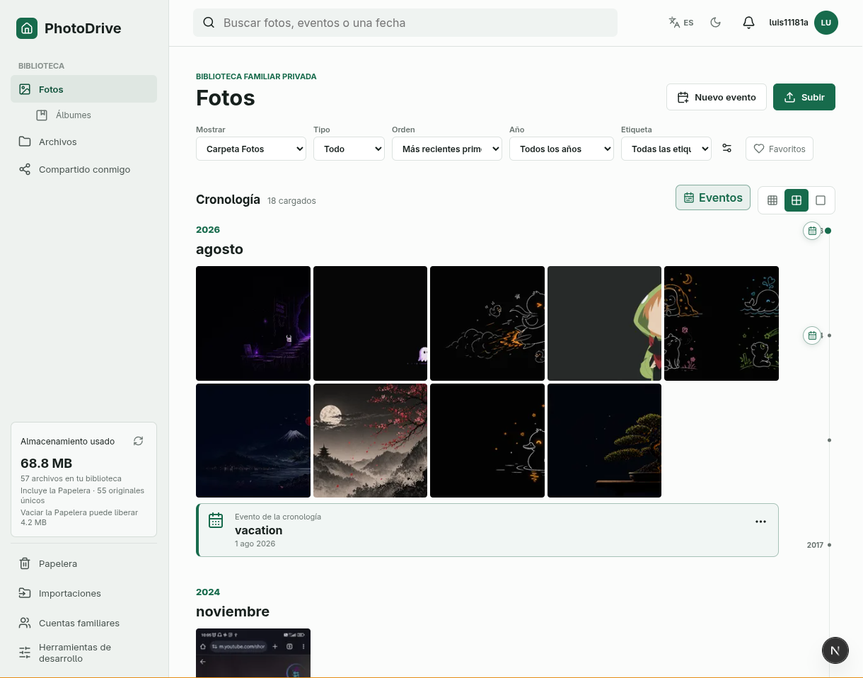 PhotoDrive showing a photo timeline with year and month groups, filters, albums, files, sharing, events, and synthetic media